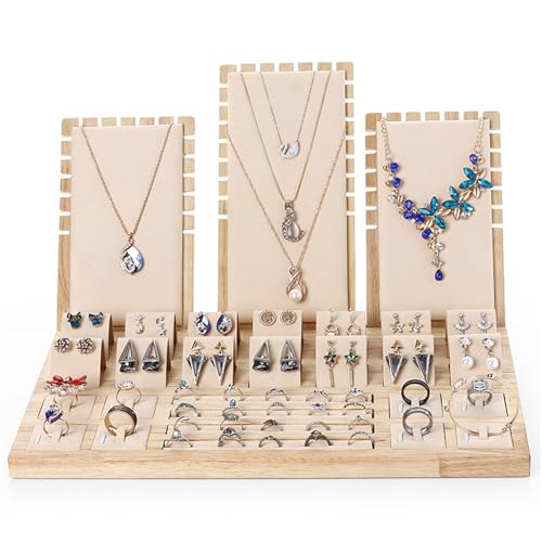 BIRJXVTO Schmuckständer Bambus Holz Ohrringe Rack Schmuck Lagerung Tablett Ring Halskette Anhänger Display Schmuck Set Platzierung Schmuck Display Racks Ohrring-Organizer(Beige) von BIRJXVTO