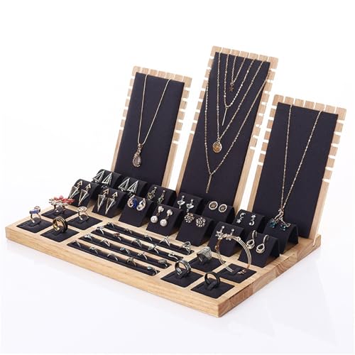 BIRJXVTO Schmuckständer Bambus Holz Ohrringe Rack Schmuck Lagerung Tablett Ring Halskette Anhänger Display Schmuck Set Platzierung Schmuck Display Racks Ohrring-Organizer(Black Grey) von BIRJXVTO