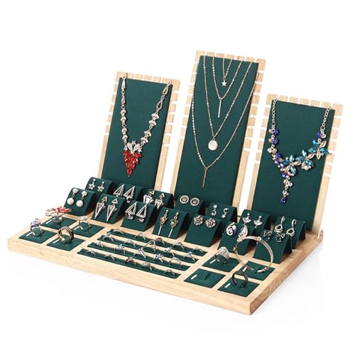 BIRJXVTO Schmuckständer Bambus Holz Ohrringe Rack Schmuck Lagerung Tablett Ring Halskette Anhänger Display Schmuck Set Platzierung Schmuck Display Racks Ohrring-Organizer(Grün) von BIRJXVTO