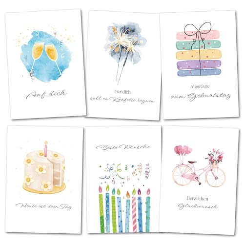 BIROYAL 12 Geburtstagskarten Set - Glückwunschkarte klappkarten mit Aquarell Design - Geburtstagskarten Set mit Umschlag, Postkarten & Grußkarten Geburtstag, Geschenkset für Familie & Freunde von BIROYAL