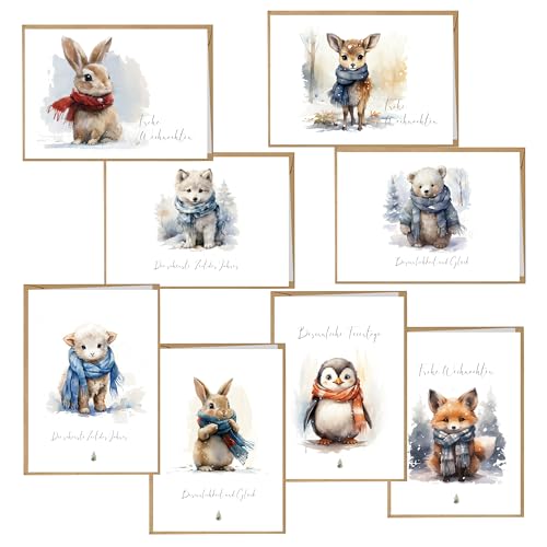 BIROYAL 16 Weihnachtskarten Set Klappkarten mit Umschlägen a6 Karte Karten Umschlag glanz Frohe Weihnachten Merry Christmas xmas Aquarell Waldtiere Reh Fuchs Hase Eule Eichhörnchen Maus von BIROYAL