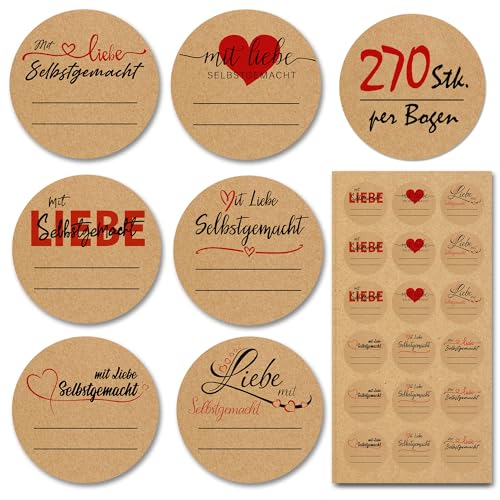 BIROYAL 270 Etiketten Selbstklebend, Aufkleber zum Beschriften ∅38mm, Kraftpapier Etiketten|Mit Liebe Selbstgemacht|Klebeetiketten, Aufkleber Sticker Selbstgemacht für Gläser, Marmeladen, Verpackung von BIROYAL