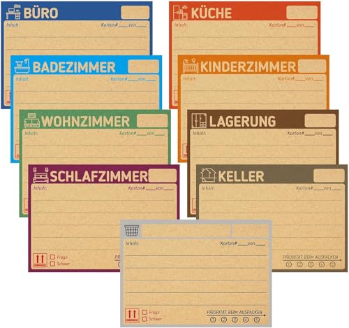 BIROYAL 90 Stück Umzugsetiketten 14,8 x 10,5 cm, Umzugsaufkleber Etiketten zum Markieren von Umzugskartons, 9-farbige Aufkleberetiketten aus Kraftpapier für eine gute Übersicht beim Umzug von BIROYAL