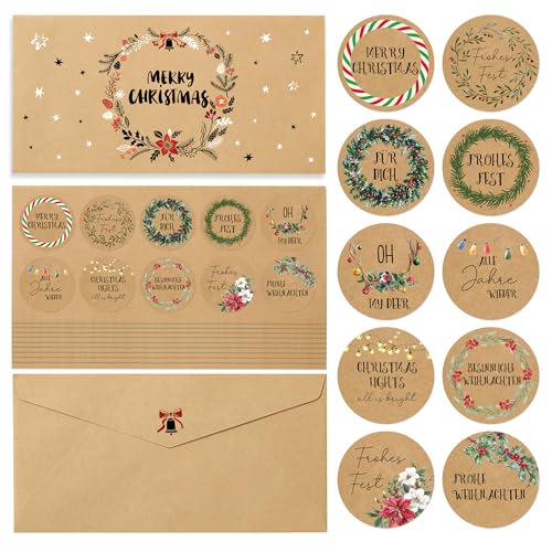 BIROYAL Aufkleber 100 STK. Etiketten selbstklebend, Weihnachten Sticker 10 Motive Weihnachtsaufkleber aus Kraftpapier Zum Beschriften, Etiketten für Umschlag, Geschenktüten (Weihnachtskranz) von BIROYAL