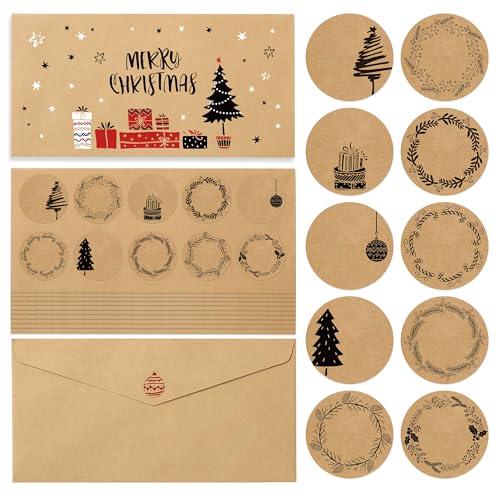 BIROYAL Aufkleber 100 Stk. Etiketten selbstklebend, Weihnachten Sticker 10 Motive Weihnachtsaufkleber aus Kraftpapier zum Beschriften, Etiketten für Umschlag, Geschenktüten(Beschreibbar) von BIROYAL