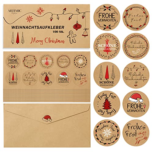 BIROYAL Aufkleber Weihnachten 100 Stk. Weihnachtsaufkleber Selbstklebend, Weihnachtssticker 10 Motive, Kraftpapier, Weihnachtsaufkleber zum Beschriften für Umschlag, Geschenktüten von BIROYAL