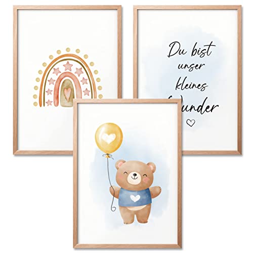 BIROYAL Bilder Kinderzimmer | 3er Set DIN A4 Poster Set | Wandbilder mit Spruch | Regenbogen | Deko Kinderzimmer Mädchen und Jungen | Babyzimmer Deko | Wandposter Premium | Regenbogen & Bär (Blau) von BIROYAL