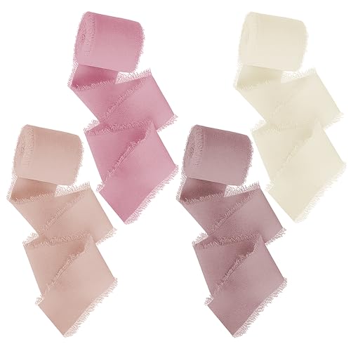 BIROYAL Fransen Chiffonband, 4 Rollen Geschenkband Hochzeit Chiffon Band 3,8cm B x 4,5m pro Rolle, handgefertigtes Chiffonband Schleifenband Stoffband Fransenband, seidenähnliches Band-Set(Rosa Serie) von BIROYAL