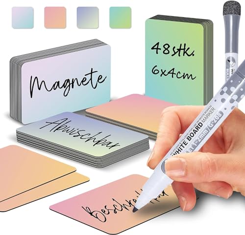 BIROYAL Magnetstreifen beschreibbar, 6X4cm 48Stk. Abwischbare Magnete, Selbstklebend Magnetschilder zum beschriften, Magnet-Etiketten inkl. 1 Marker für Whiteboards (4-Verlaufsfarben) von BIROYAL