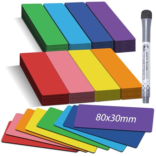 BIROYAL Magnetstreifen beschreibbar, 8X3cm 48 STK. abwischbare Magnete, Selbstklebend Magnetschilder zum beschriften, Magnet-Etiketten inkl. 1 Marker für Whiteboards, Magnettafel 8 Farbe von BIROYAL