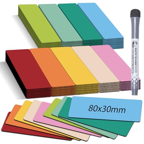 BIROYAL Magnetstreifen beschreibbar - 8X3cm 50Stk Magnete zum Beschriften - Beschreibbare Magnete inkl. 1 Marker für Whiteboard Kühlschrank Metallschrank - Magnetschilder zum Beschriften - 9 Farbe von BIROYAL