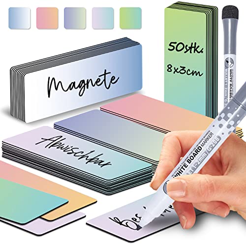 BIROYAL Magnetstreifen beschreibbar, 8X3cm 50Stk. abwischbare Magnete, Selbstklebend Magnetschilder zum beschriften, Magnet-Etiketten inkl. 1 Marker für Whiteboards, Magnettafel 5 Verlaufsfarbe von BIROYAL