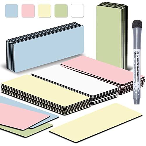 BIROYAL Magnetstreifen beschreibbar, 8X3cm 50Stk. abwischbare Magnete, Selbstklebend Magnetschilder zum beschriften, Magnet-Etiketten inkl. 1 Marker für Whiteboards (5 Farben) von BIROYAL