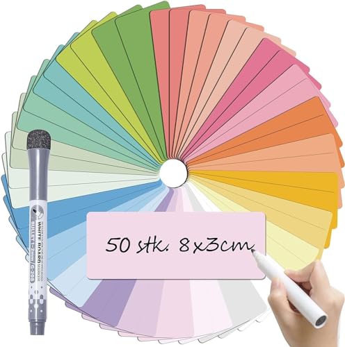 BIROYAL Magnetstreifen beschreibbar, 8X3cm 50Stk. abwischbare Magnete, Selbstklebend Magnetschilder zum beschriften, Magnet-Etiketten inkl. 1 Marker für Whiteboards Kühlschränke, 25 Farbe von BIROYAL