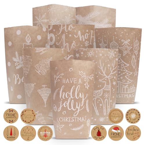 BIROYAL Papiertüten, 24 Stk. Geschenktüten mit 100 Weihnachtsaufkleber & Klammer, Kraftpapiertüten Verpackung Papierbeutel Obstbeutel Butterbrottüten Geburtstag Hochzeit Party Tüten Geschenktaschen von BIROYAL