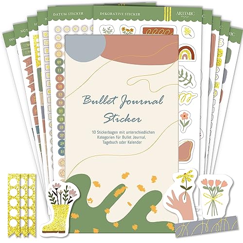 BIROYAL Sticker Set | 12 Blatt Bullet Journal Sticker mit Glitzer |über 1000 Stk. Sticker Set für Bullet Journal, Tagebuch, Fotoalbum oder Kalender, Bullet Journal Zubehör Stickerbuch von BIROYAL