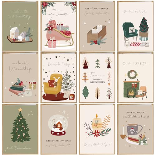 BIROYAL Weihnachtskarten mit Umschlag Set (12 Stück) | Weihnachts Klappkarten | Weihnachtskarte Weihnachtspostkarten Christmas Postkarte mit Umschlägen für deine Weihnachtsgrüße, Farbhintergrund von BIROYAL