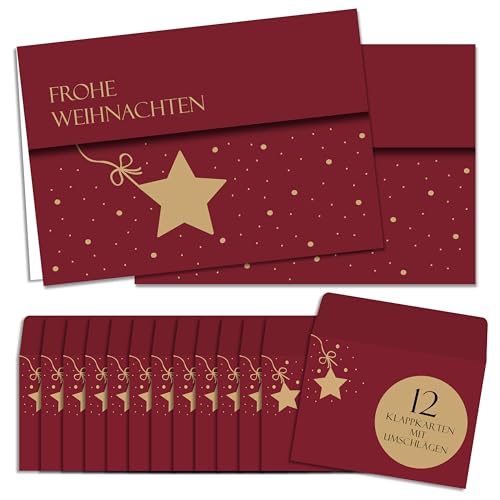 BIROYAL Weihnachtskarten mit Umschlag Set (12 Stück) | Weihnachtssterne Klappkarten | Coole Weihnachtskarte Weihnachtspostkarten Christmas Postkarte mit Umschlägen für deine Weihnachtsgrüße von BIROYAL