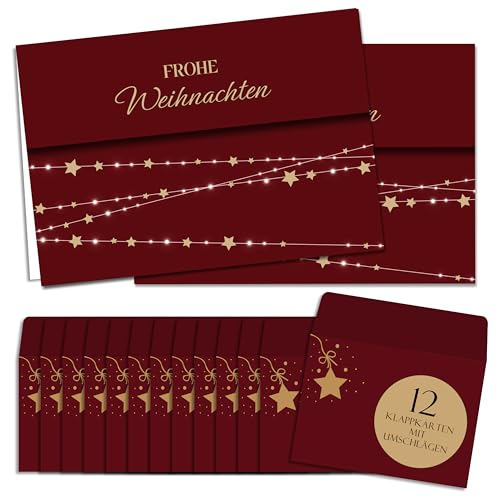 BIROYAL Weihnachtskarten mit Umschlag Set (12 Stück) | Weihnachtssterne Klappkarten | Weihnachtskarte Weihnachtspostkarten Christmas Postkarte mit Umschlägen für deine Weihnachtsgrüße, Lampenleitung von BIROYAL