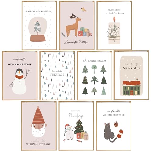 BIROYAL Weihnachtskarten mit Umschlag Set 10 Stück - A6 Weihnachtsgrußkarten Weihnachts Klappkarten | Weihnachtskarte Weihnachtspostkarten Christmas Postkarte mit Umschlägen für deine Weihnachtsgrüße von BIROYAL