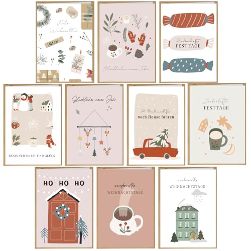 BIROYAL Weihnachtskarten mit Umschlag Set 10 Stück - A6 Weihnachtsgrußkarten Weihnachts Klappkarten | Weihnachtskarte Weihnachtspostkarten Christmas Postkarte mit Umschlägen für deine Weihnachtsgrüße von BIROYAL