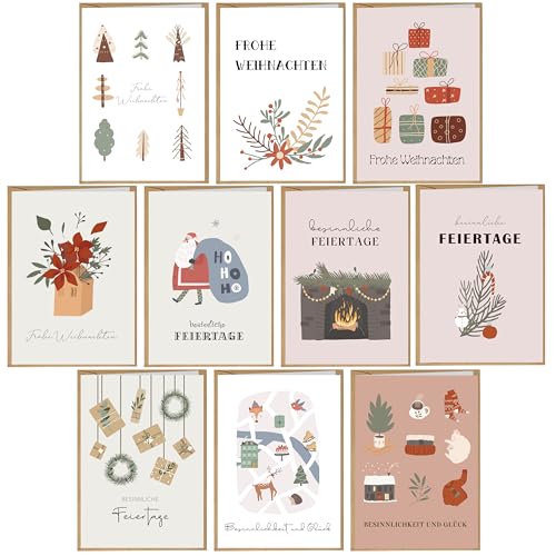 BIROYAL Weihnachtskarten mit Umschlag Set 10 Stück - A6 Weihnachtsgrußkarten Weihnachts Klappkarten | Weihnachtskarte Weihnachtspostkarten Christmas Postkarte mit Umschlägen für deine Weihnachtsgrüße von BIROYAL