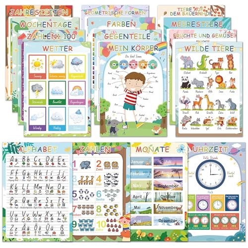 BIROYAL 16 pädagogische Montessori Lernposter A4, ABC Poster für Kinder, dickes Papier und beidseitig laminiert, Alphabet Poster, Lernposter Grundschule, Piktogramme Zahlen, Lernhilfe für Kinder von BIROYAL