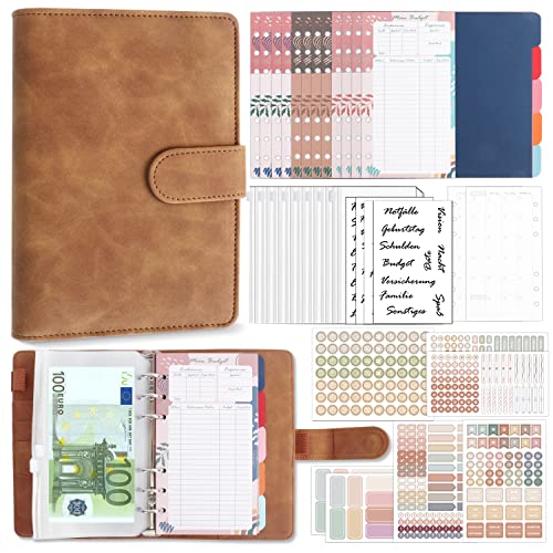 Biroyal Budget Planner Deutsch, A6 PU Leder Budget Binder, Finanzplaner Cash Stuffing, Geld Organizer Sparbuch mit Folien, Haushaltsbuch mit Geldfächer, Geld Sparen Mappe für Sinking Funds, Braun von BIROYAL