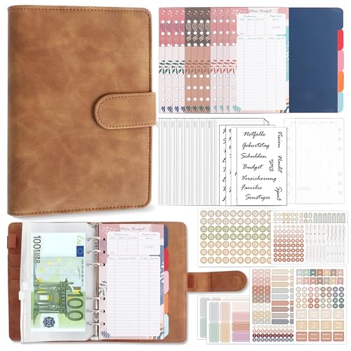 Biroyal Budget Planner Deutsch, A6 PU Leder Budget Binder, Finanzplaner Cash Stuffing, Geld Organizer Sparbuch mit Folien, Haushaltsbuch mit Geldfächer, Geld Sparen Mappe für Sinking Funds, Braun von BIROYAL