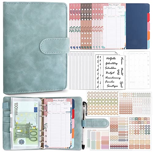 Biroyal Budget Planner Deutsch, A6 PU Leder Budget Binder, Finanzplaner Cash Stuffing, Geld Organizer Sparbuch mit Folien, Haushaltsbuch mit Geldfächer, Geld Sparen Mappe für Sinking Funds, Denim Blau von BIROYAL