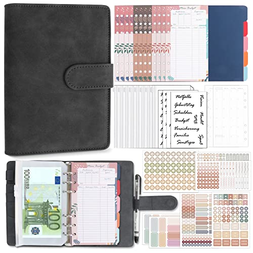 Biroyal Budget Planner Deutsch, A6 PU Leder Budget Binder, Finanzplaner Cash Stuffing, Geld Organizer Sparbuch mit Folien, Haushaltsbuch mit Geldfächer, Geld Sparen Mappe für Sinking Funds, Schwarz von BIROYAL