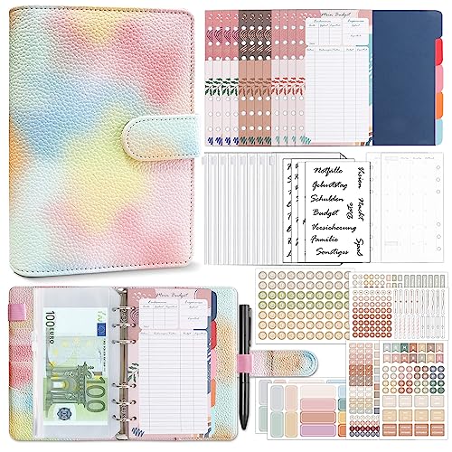 Biroyal Budget Planner Deutsch, A6 PU Leder Budget Binder, Finanzplaner Cash Stuffing Geld Organizer Sparbuch mit Folien, Haushaltsbuch mit Geldfächer, Geld Sparen Mappe für Sinking Fund Fantasie Rosa von BIROYAL