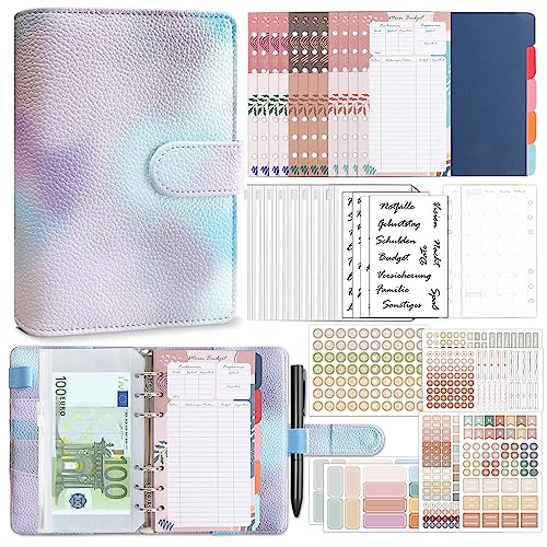 Biroyal Budget Planner Deutsch, A6 PU Leder Budget Binder, Finanzplaner Cash Stuffing Geld Organizer Sparbuch mit Folien, Haushaltsbuch mit Geldfächer, Geld Sparen Mappe für Sinking Fund Fantasie Lila von BIROYAL