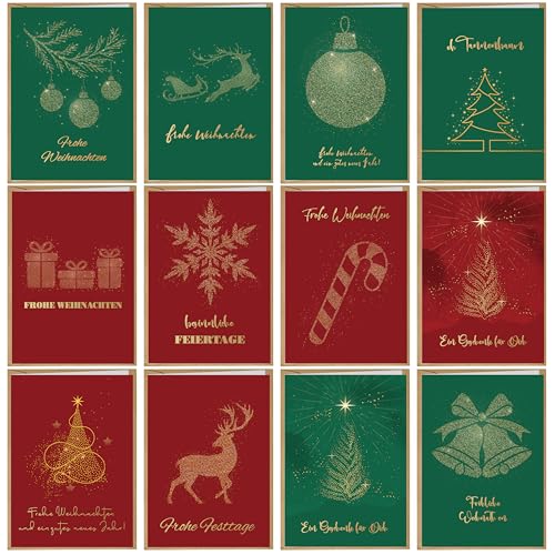 Weihnachtskarten mit Umschlag,12 Karten Set Klappkarten A6 Christmas Cards, Weihnachtsgrußkarten Weihnachtspostkarten Set für Weihnachten, Klappkarten Blanko, Weihnachtskarte Postkarte mit Umschlägen von BIROYAL