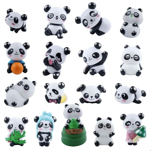 BITEFU 17 Stück Kungfu Panda Figuren, Niedlich Panda Ornament Panda Mini mit 1 Stück Bambusbecken für Kinderfeste, Kuchen, Bürodekoration(Schwarz Weiß) von BITEFU