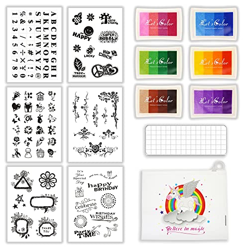 BITEYI Silikonstempel Set,6 blätter Klarer Silikonstempel,6 Stempelkissen,1 Acryl Stempelblock,1 Aufbewahrungstasche,für Kartenherstellung,DIY Scrapbooking und Album Dekor (CSS1) von BITEYI