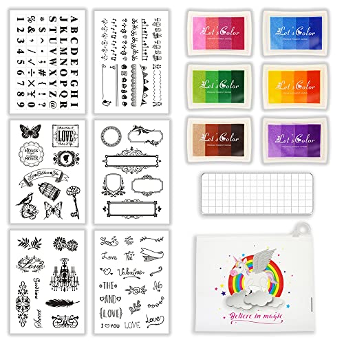 BITEYI Silikonstempel Set,6 blätter Klarer Silikonstempel,6 Stempelkissen,1 Acryl Stempelblock,1 Aufbewahrungstasche,für Kartenherstellung,DIY Scrapbooking und Album Dekor (CSS3) von BITEYI