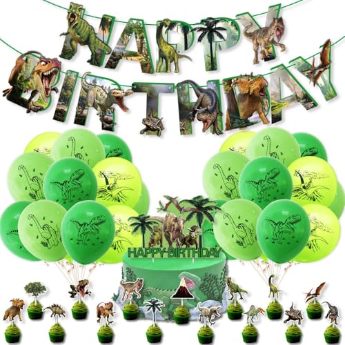 Dinosaurier-Geburtstagsfeier-Dekoration, grünes Dinosaurier-Thema, Cartoon-Geburtstagsfeier-Dekoration Pull Flag Kuchen-Karten-Ballon-Set von BITHAI