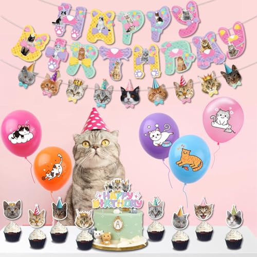 Katzen Geburtstag sfeierzubehör Cat Party Decorations Katze Luftballons Katze Cupcake Toppers Cartoon Cat Ballons Tiere Happy Birthday Banner für Kinder Cat Geburtstag Dekoration Set von BITHAI