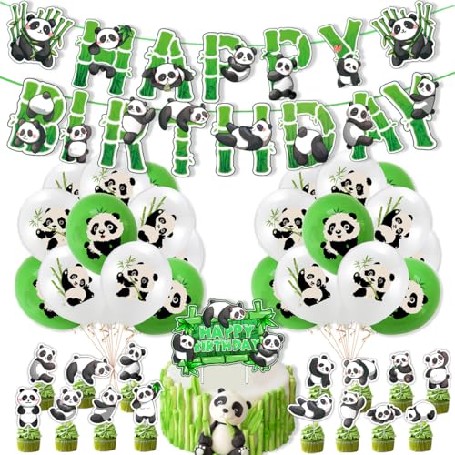 Panda Geburtstagsdeko, Panda Luftballons Deko Geburtstag Set, Enthalten 18 Luftballon Panda, HAPPY BIRTHDAY Banner, 16 Cupcake Topper, Panda fur Jungen Mädchen von BITHAI