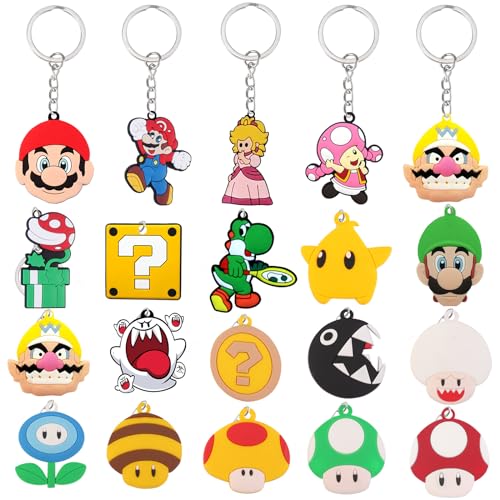 20 Stück Mario Schlüsselanhänger für Kinder Jungen Erwachsene Mädchen Geburtstag Lucky Dip Preise für Kinder 3D Anime Schlüsselanhänger Set Mario Party Bag Fillers für Mädchen Jungen Party Taschen von BITOWO