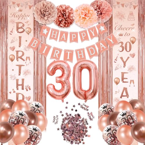 30 Geburtstagsdeko, 30 Rose Gold Geburtstag Mädchen Deko,Happy Birthday Girlande Tür Banner, für Frauen Mädchen Geburtstag Deko Geburtstags Party Deko von BITOYO