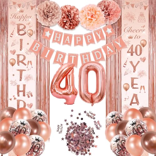 40 Geburtstagsdeko, 40 Rose Gold Geburtstag Mädchen Deko,Happy Birthday Girlande Tür Banner, für Frauen Mädchen Geburtstag Deko Geburtstags Party Deko von BITOYO