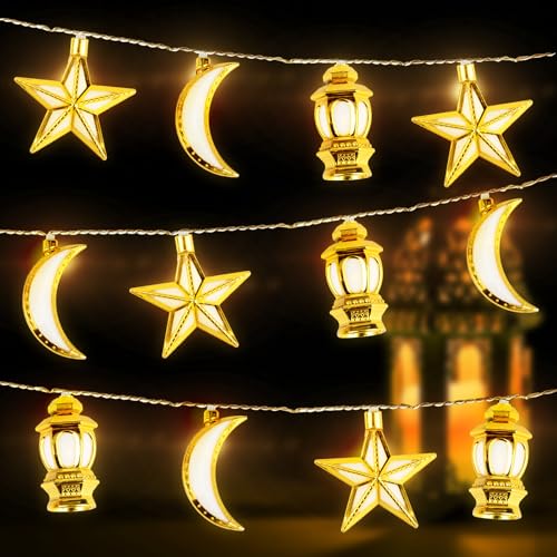 BITOYO Ramadan Lichterkette, 1.65m 10 Led Lichterkette Ramadan Deko, Gold Halbmond Sterne Stil Licht, Eid Mubarak Dekoration Ramadan Laternen, für Ramadan Party, Außen Innen Zu Hause Und Als Geschenk von BITOYO