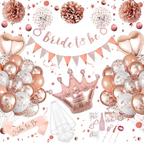 Junggesellenabschied Frauen Deko, Bride to Be Deko JGA Accessoires Deko Frauen Schleier Braut to Be Schärpe Banner, Rosegold Luftballons Herzform Folienballon Konfetti Ballons Set für JGA Party Deko von BITOYO