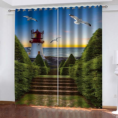 2Er Set Gardine Thermovorhang Mit Ösen 210X220cm(HxB) Für Kinderzimmer Wohnzimmer, 3D Sonnenaufgang Leuchtturm Meereslandschaft Muster Verdunklungsvorhänge Wärmeisolierend Junge Mädchen Schlafzimmer von BIURKA