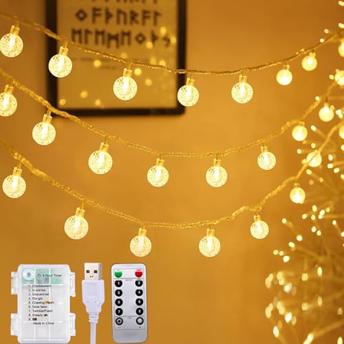 Lichterkette Außen Batterie/USB Stromversorgung 15M 100LEDs Lichterketten Kugeln Außen/Innen mit Fernbedienung 8 Modus Wasserdicht Weihnachts Beleuchtung für Hochzeit Weihnachten Balkon (Globe-49FT) von BIUYO