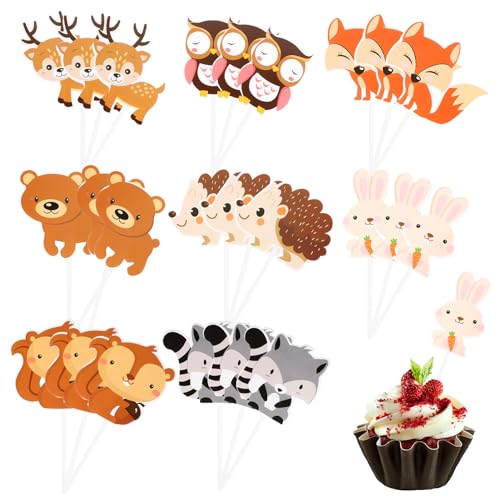 Wald Tier Party Kuchendeckel Woodland Cupcake Topper Dessert Picks für Babyparty Kindergeburtstag - 24 Stücke, Umweltfreundliche Tortenaufsätze, Ideal zur Dekoration von Kuchen und Cupcakes von BIVOFU