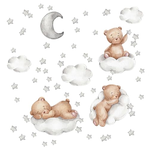 Wandsticker Teddybär Wandsticker BäR, Wandtattoo Teddybär auf Wolke - Kinderzimmer Dekor mit Sternen, Mond und Wolkenmotiven, kinderfreundliches PVC, für wanddeko babyzimmer von BIVOFU