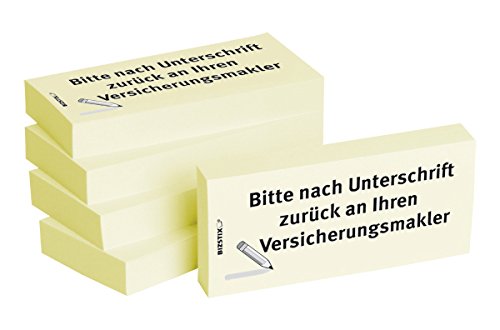 BIZSTIX® Business Haftnotizen "Bitte nach Unterschrift zurück an Ihren Versicherungsmakler" - 1 Packung mit 5 Haftnotizblöcken zu je 100 Blatt, 75 x 35 mm von BIZSTIX